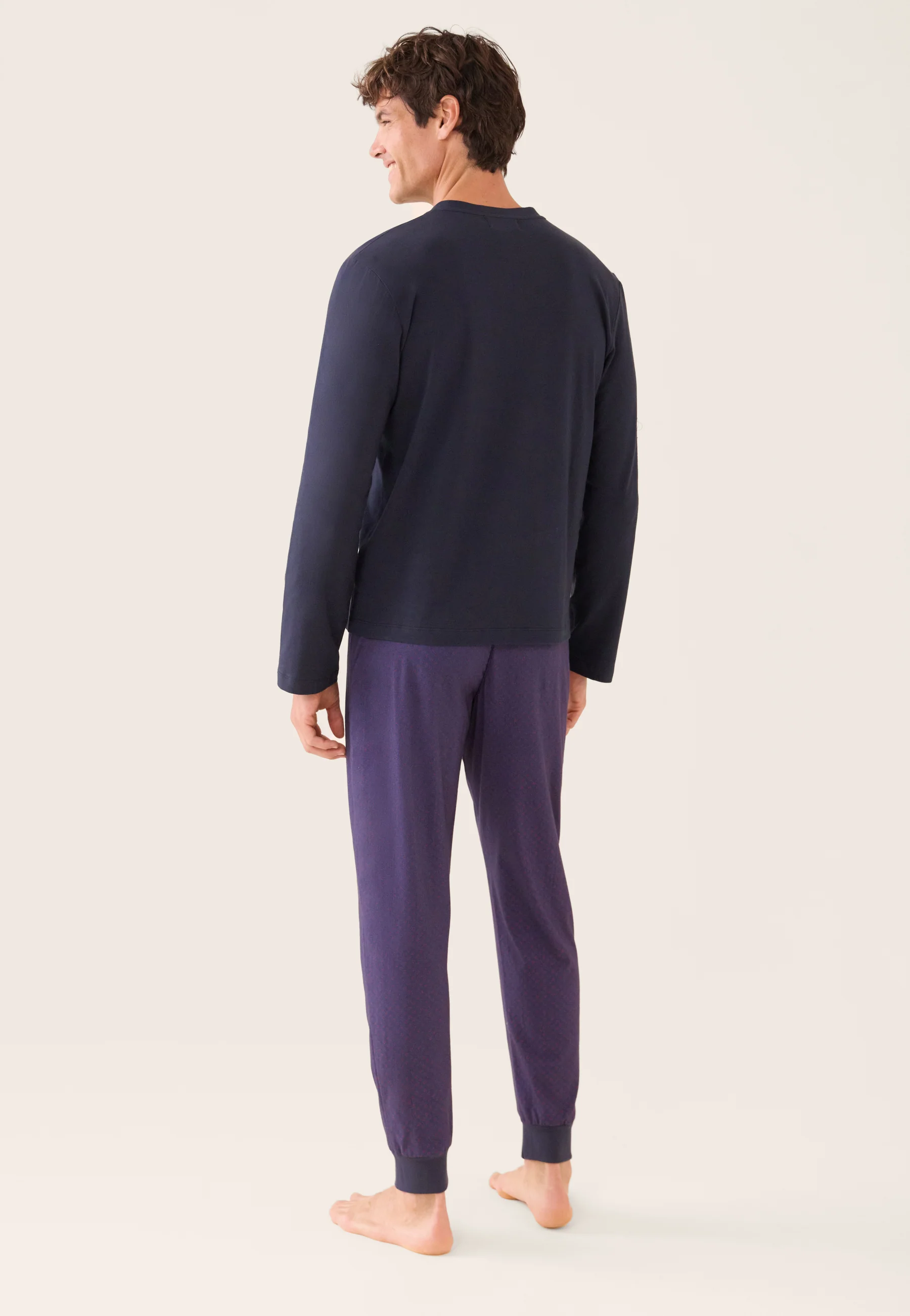 Ensemble pyjama haut bleu marine et pantalon fantaisie en coton - Pyjama Sebastien Haut Manches Longues Uni Marine Et Bas Long Fantaisie - Image 3